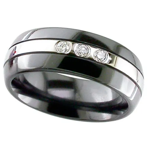 Zirconium ring black edges with a natural centre stripe set with 3 x 2mm round  diamonds 